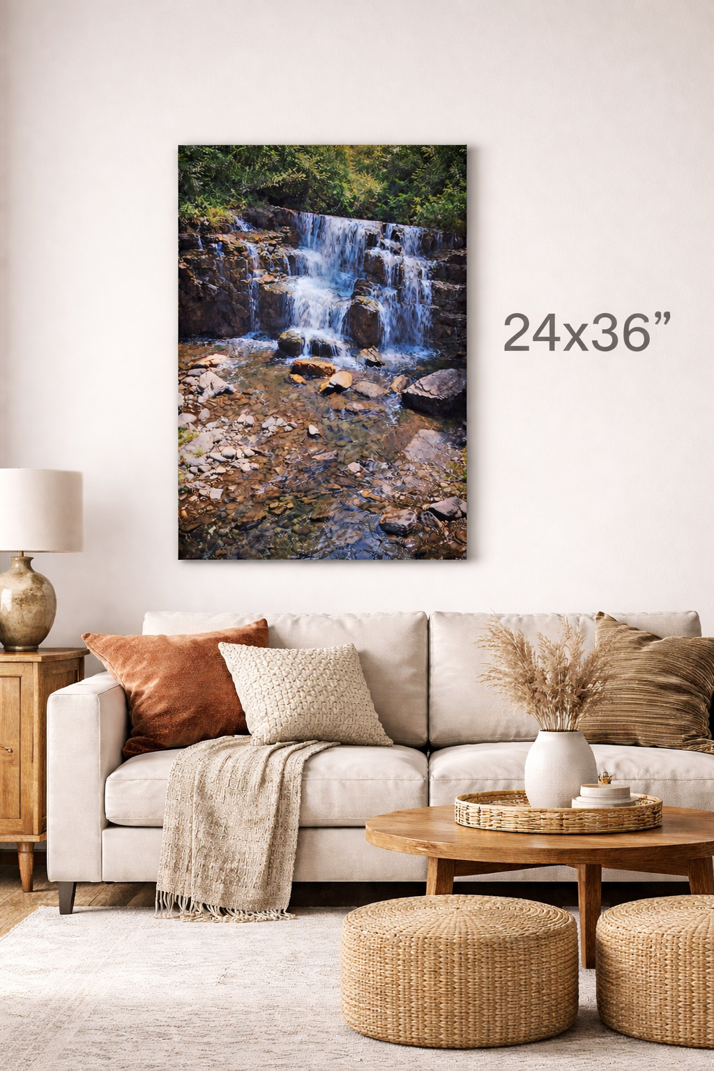 Cascading Waterfall - Lush Greenery & Rocky Creek - Canvas Print