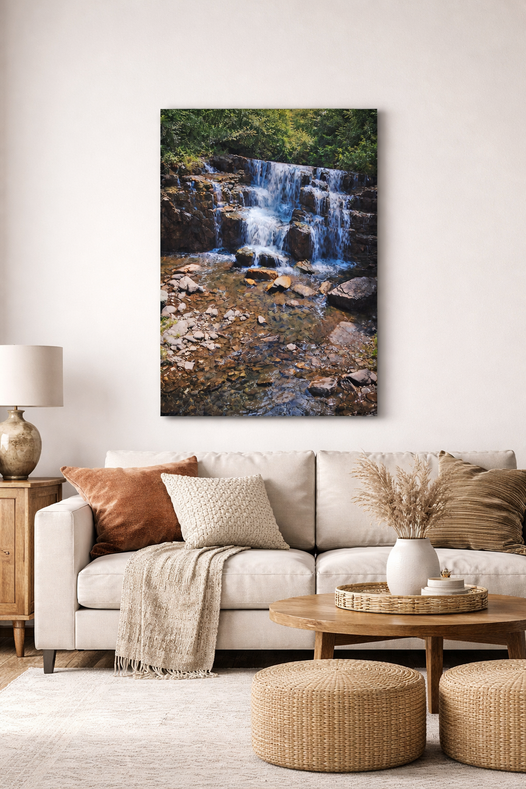 Cascading Waterfall - Lush Greenery & Rocky Creek - Canvas Print