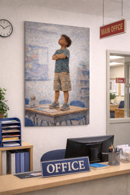Canvas Print - Digital Artwork - Considering, Young Boy in School Classroom