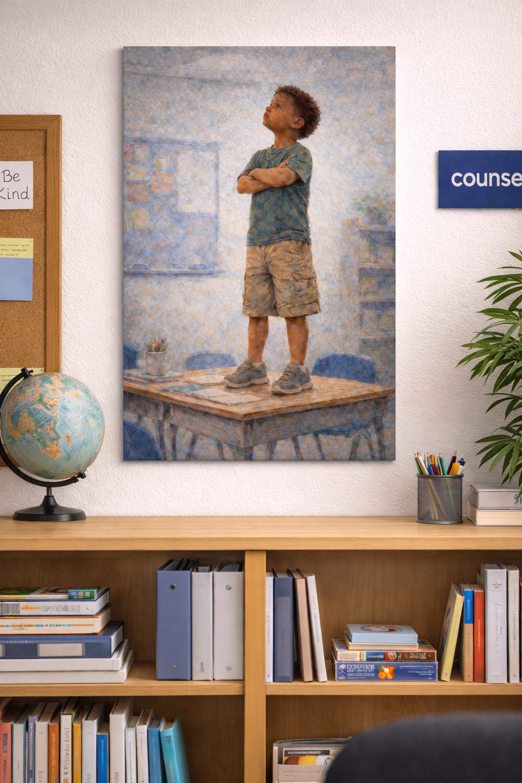 Canvas Print - Digital Artwork - Considering, Young Boy in School Classroom