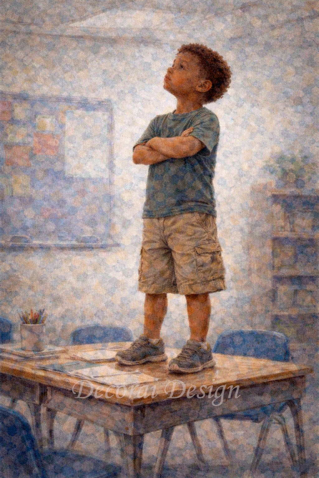 Canvas Print - Digital Artwork - Considering, Young Boy in School Classroom