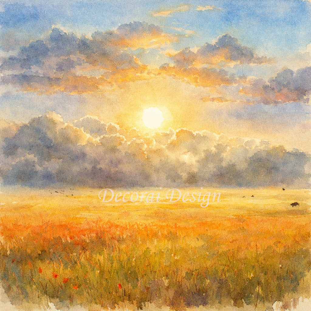 Watercolor Digital Canvas Print - First Light, Sunrise Over the Quiet Plain
