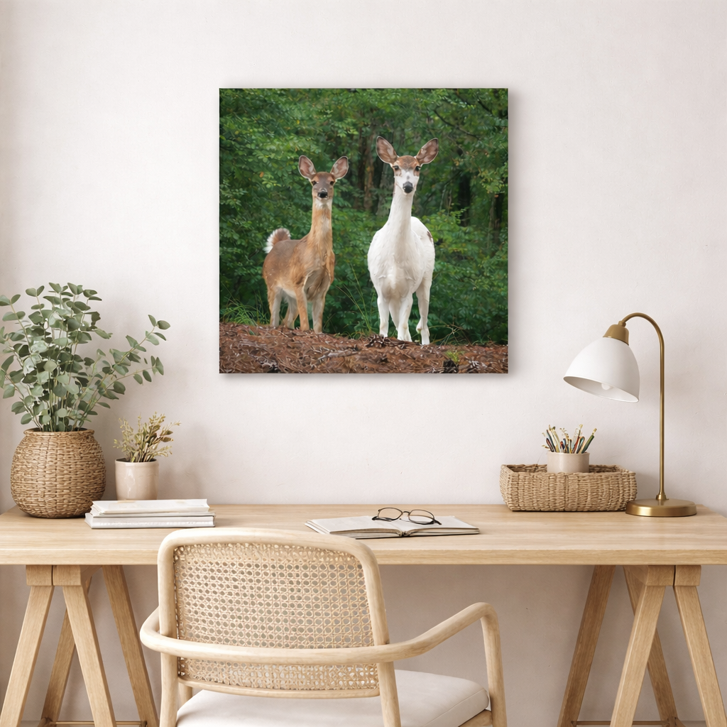 A 20-inch by 20-inch image of two deer in a forest scene on an office wall hanging above a wooden desk with a chair.