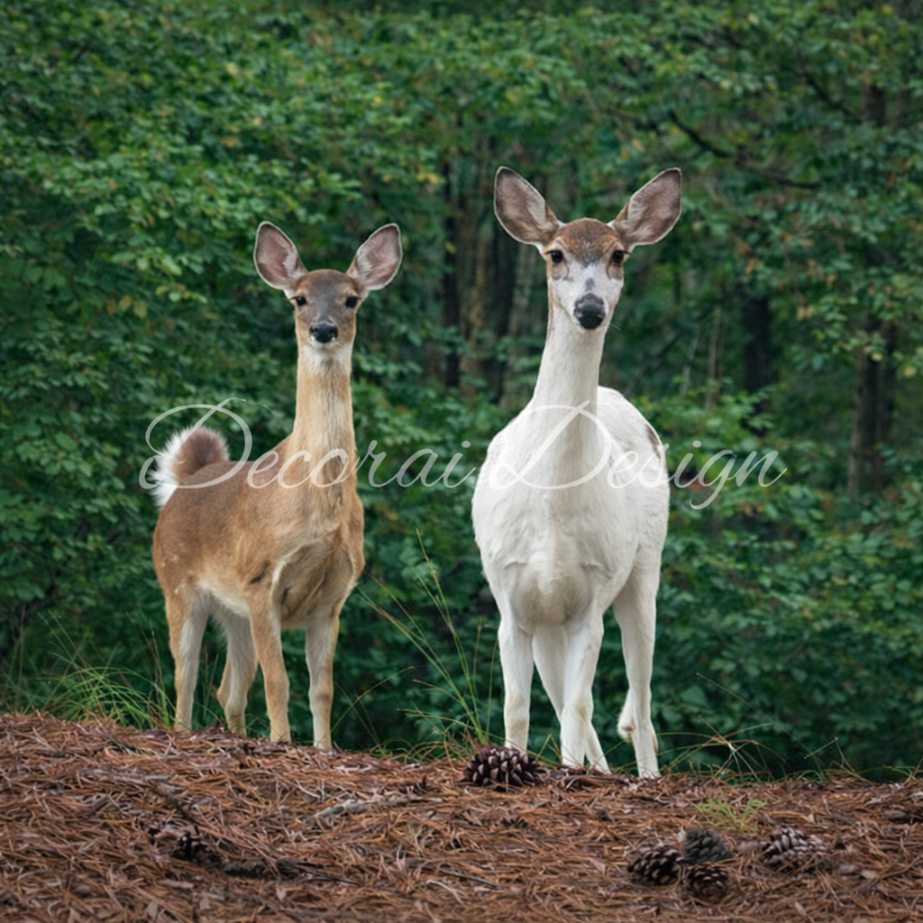 Two deer, one brown and one white, standing on a forest floor with green foliage in the background.