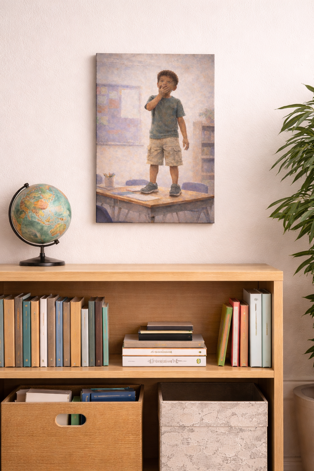 Inspiring Art Canvas Print - Surprised - Young Boy in School Classroom