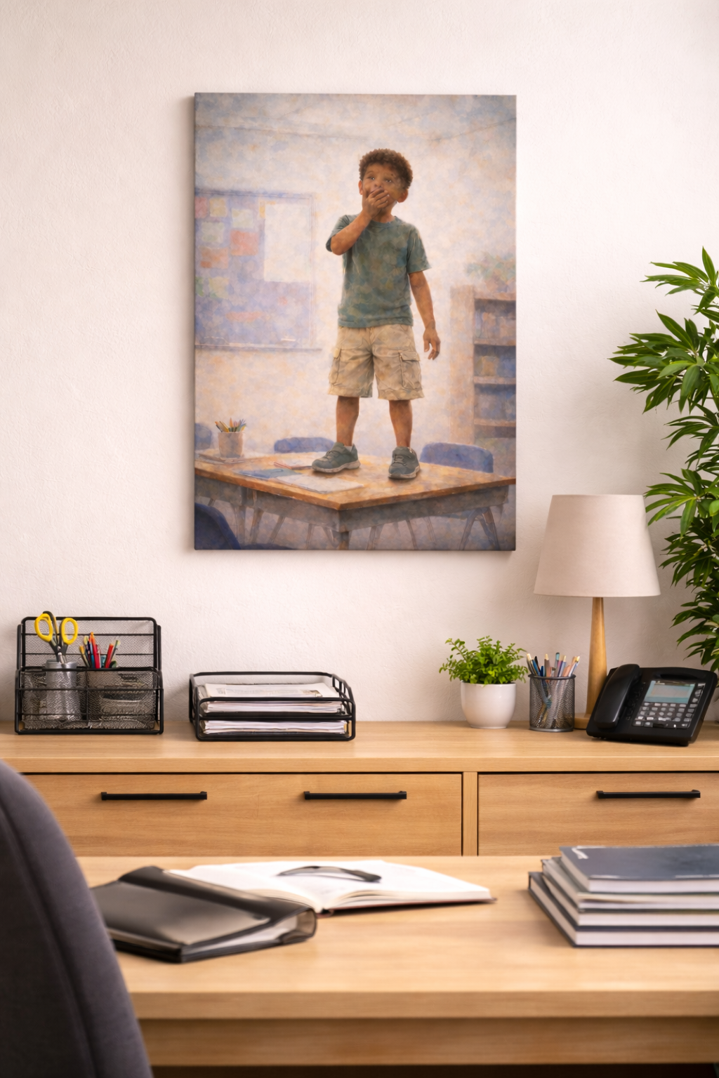 Inspiring Art Canvas Print - Surprised - Young Boy in School Classroom